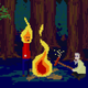 McPixel's head is on fire, stood by a campfire.